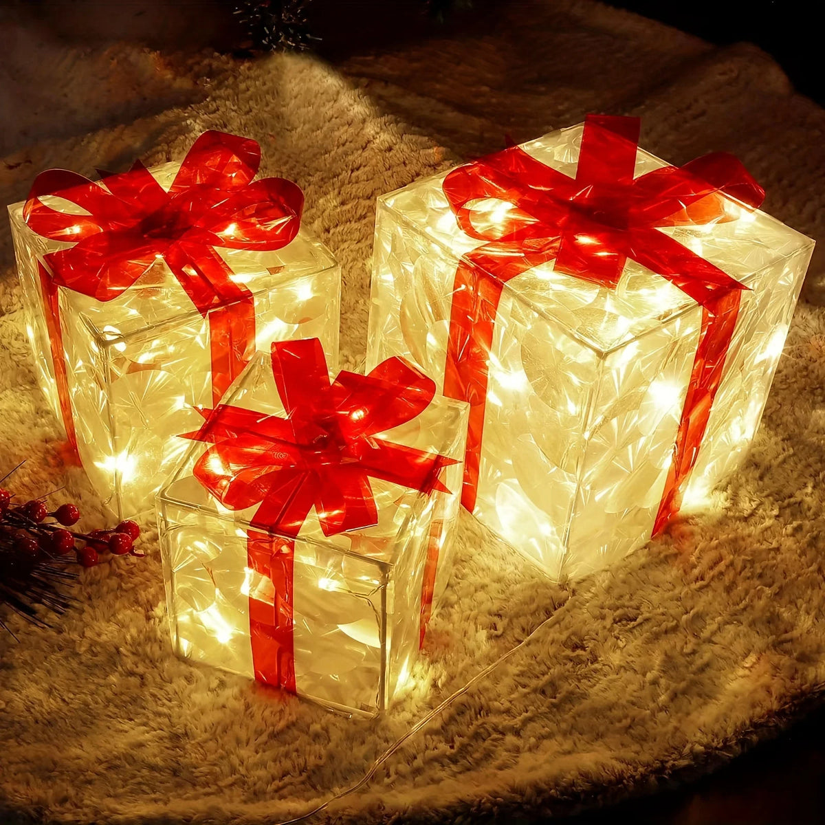 3pcs Lighted Gift Boxes Decorations, Decorative Boxes, Christmas Tree Skirt Ornament For Holiday, Party, Christmas